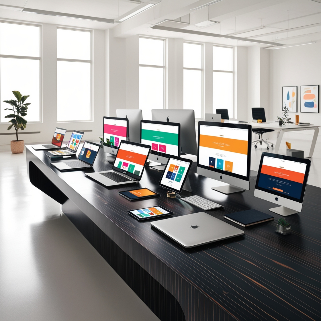 desk with multiple computers